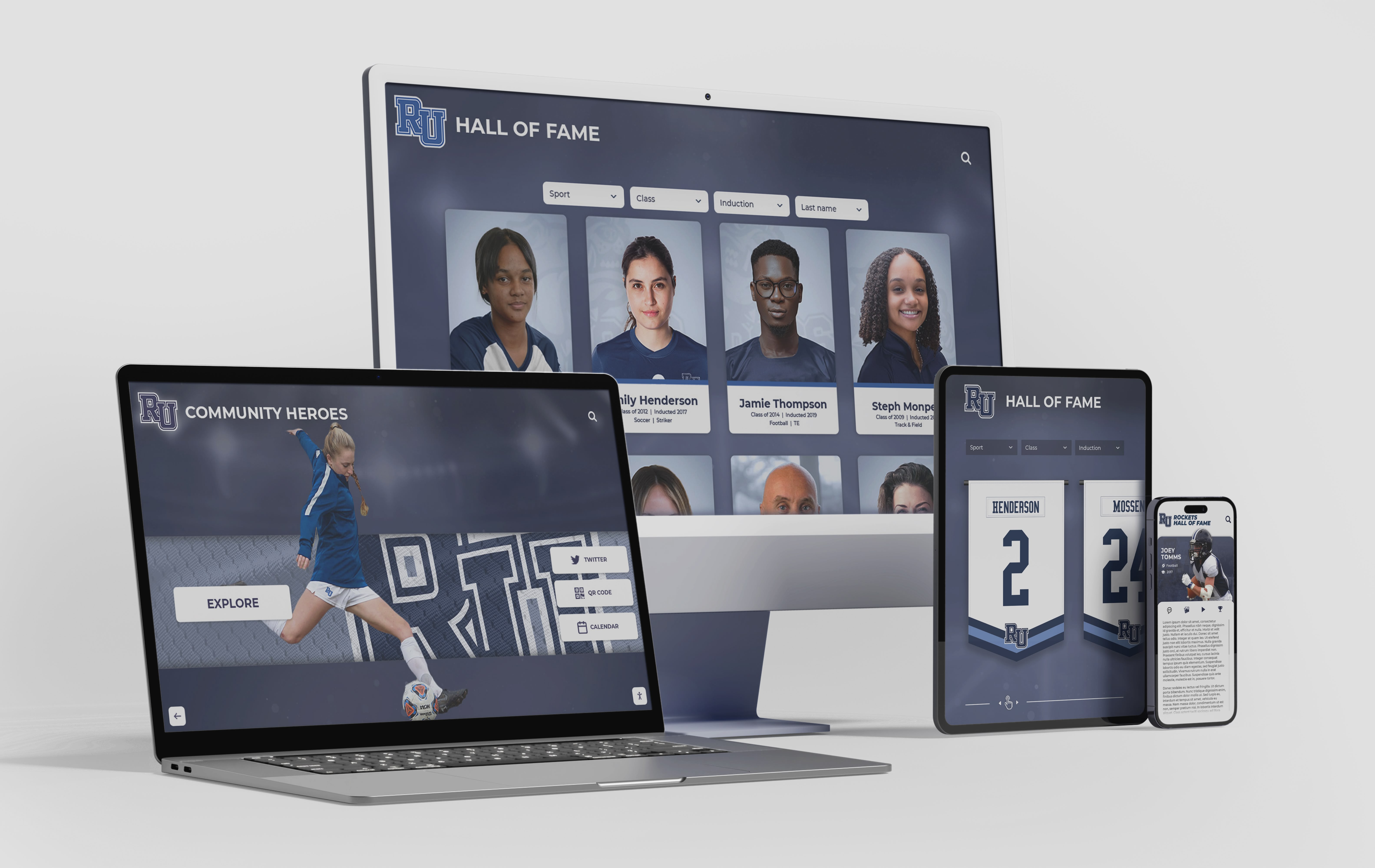 Digital archive accessible across multiple devices allows families and alumni to explore student achievements from anywhere University hall of fame website mockup on multiple devices
