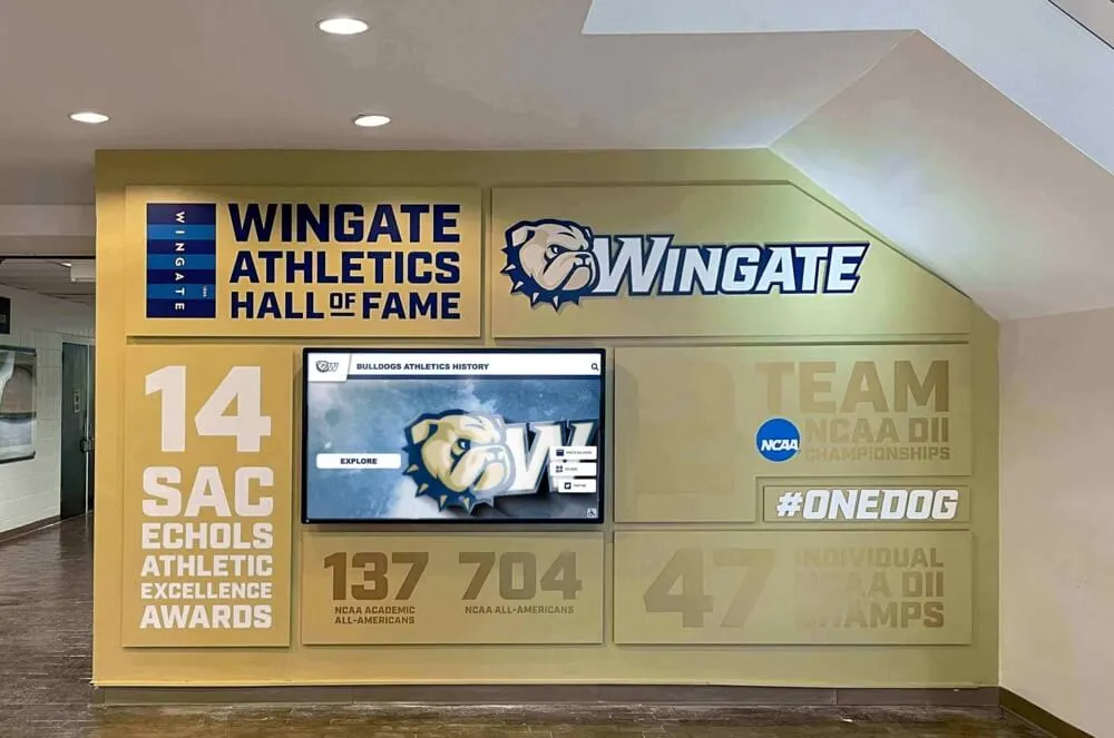 Wingate Athletics Hall of Fame featuring bulldog mascot wall display Athletic mural with mascot